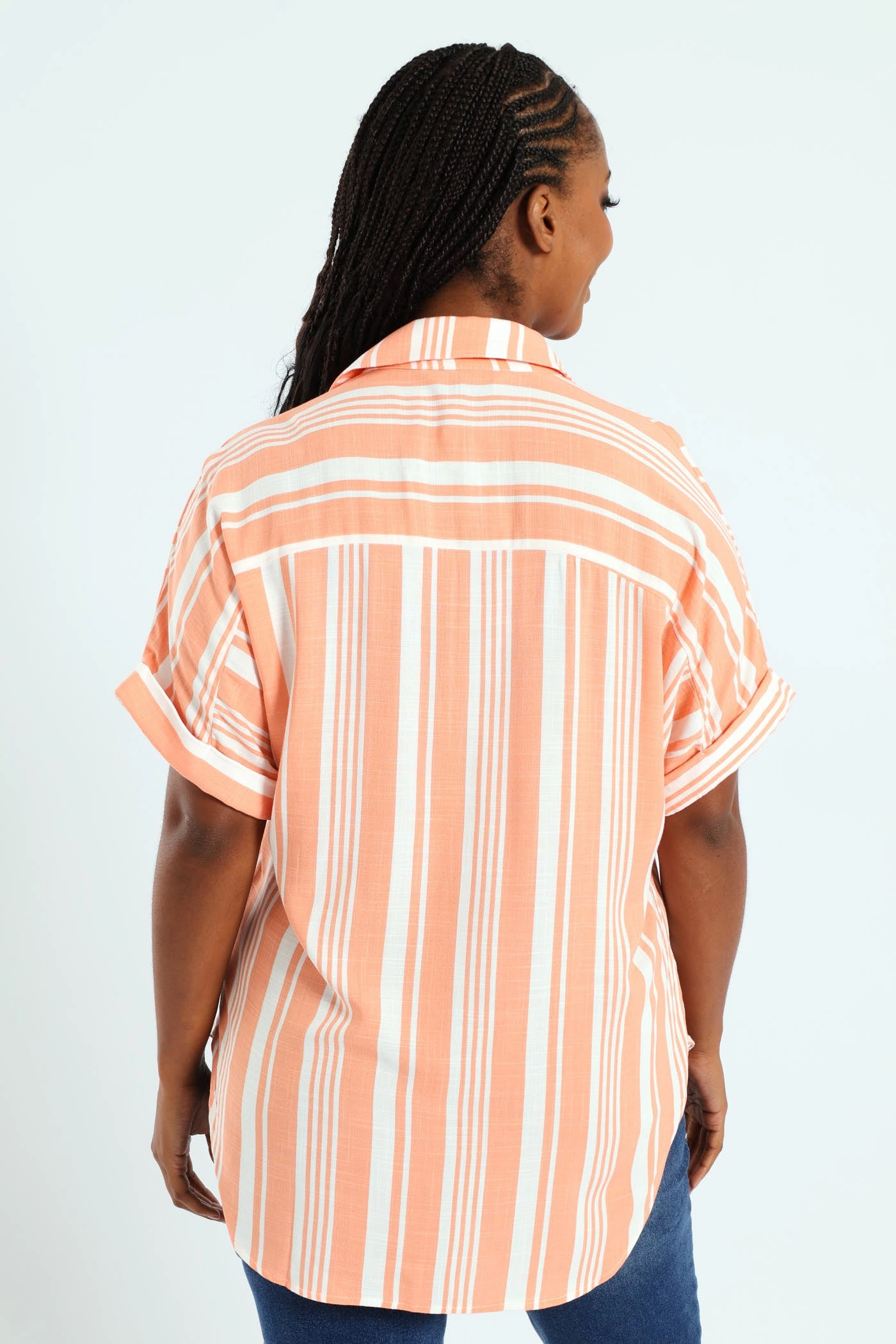 Short Sleeve Stripe Easywearing Shirt - Coral LayeredCollar Biodegradable Fiber Composition