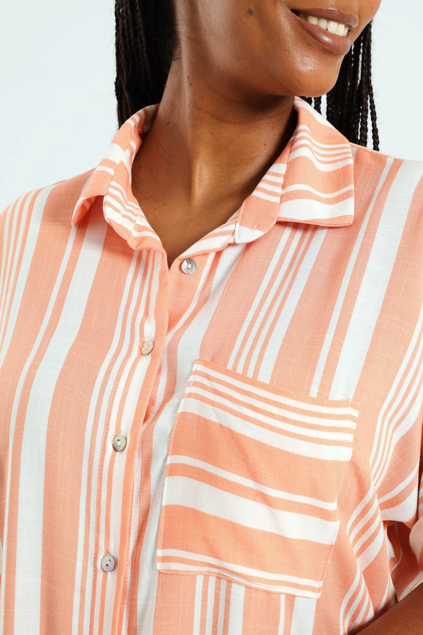DoubleLayered Short Sleeve Stripe Easywearing Shirt - Coral