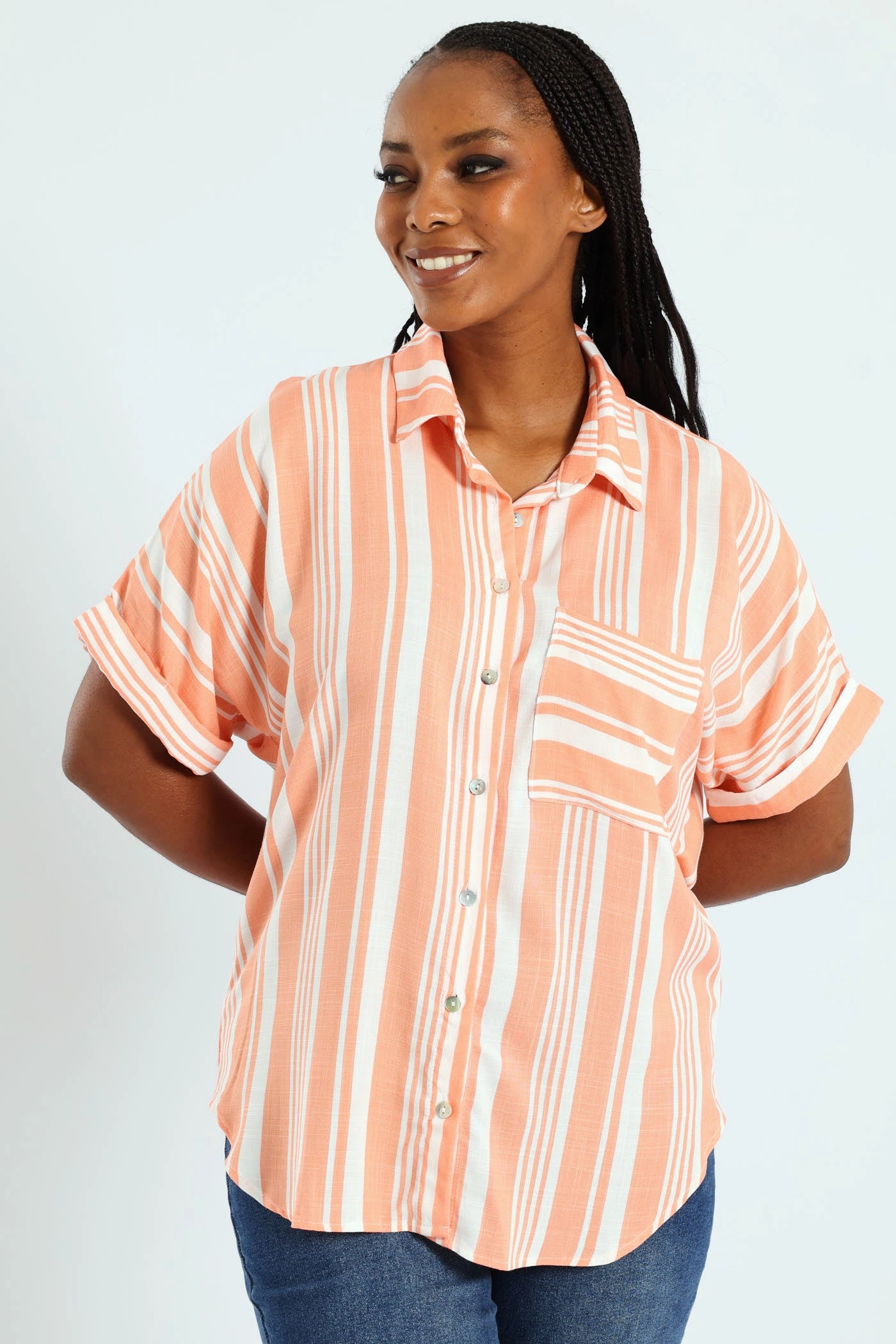Stretchable Neckline Short Sleeve Stripe Easywearing Shirt - Coral