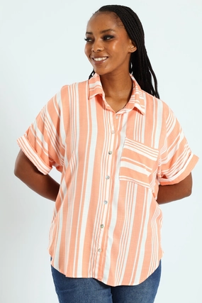 Stretchable Neckline Short Sleeve Stripe Easywearing Shirt - Coral