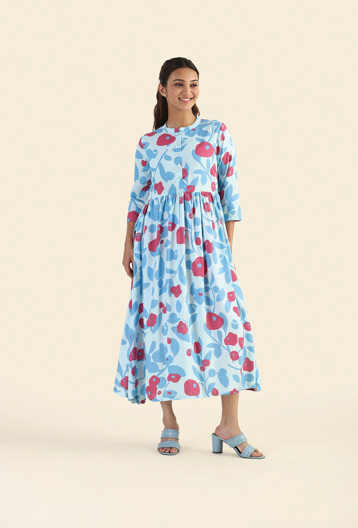 Shuttered Blue Fragmented Flowers Printed Viscose Dress Soul Warm Cool Texture