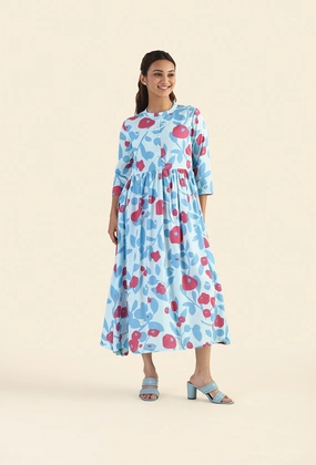 Light Fabrication Shuttered Blue Fragmented Flowers Printed Viscose Dress