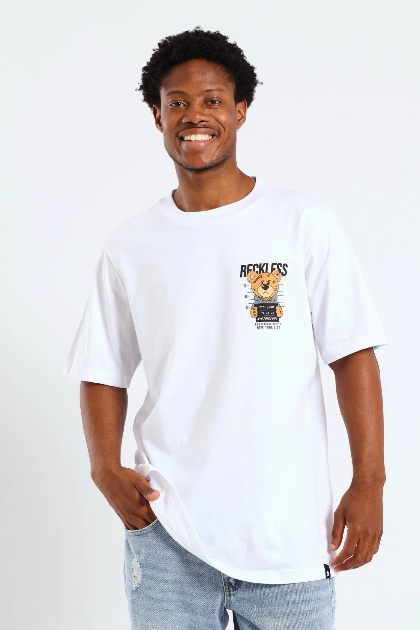 Crime Teddy Front & Back Print Tee - White City Smart Look