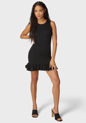 ruffle trim AdjustableStraps Founce Hem Rib Dress