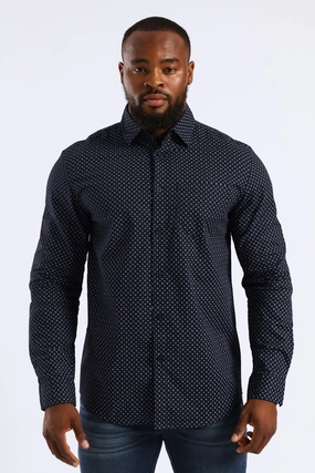 Long Sleeve Cube Print Button Down Shirt - Navy Athleisure Trend Classic Appeal