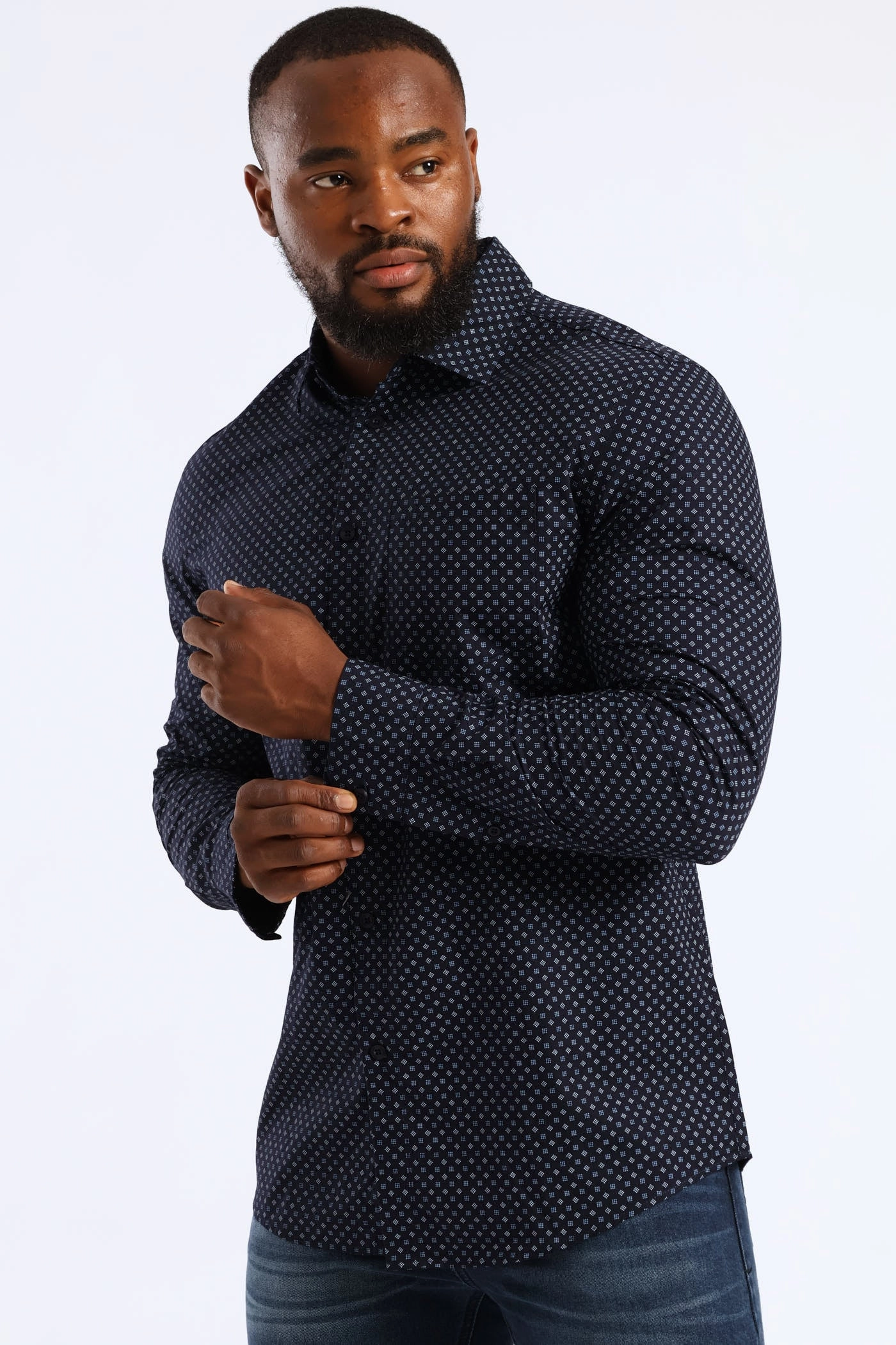 Breathable fabric Long Sleeve Cube Print Button Down Shirt - Navy