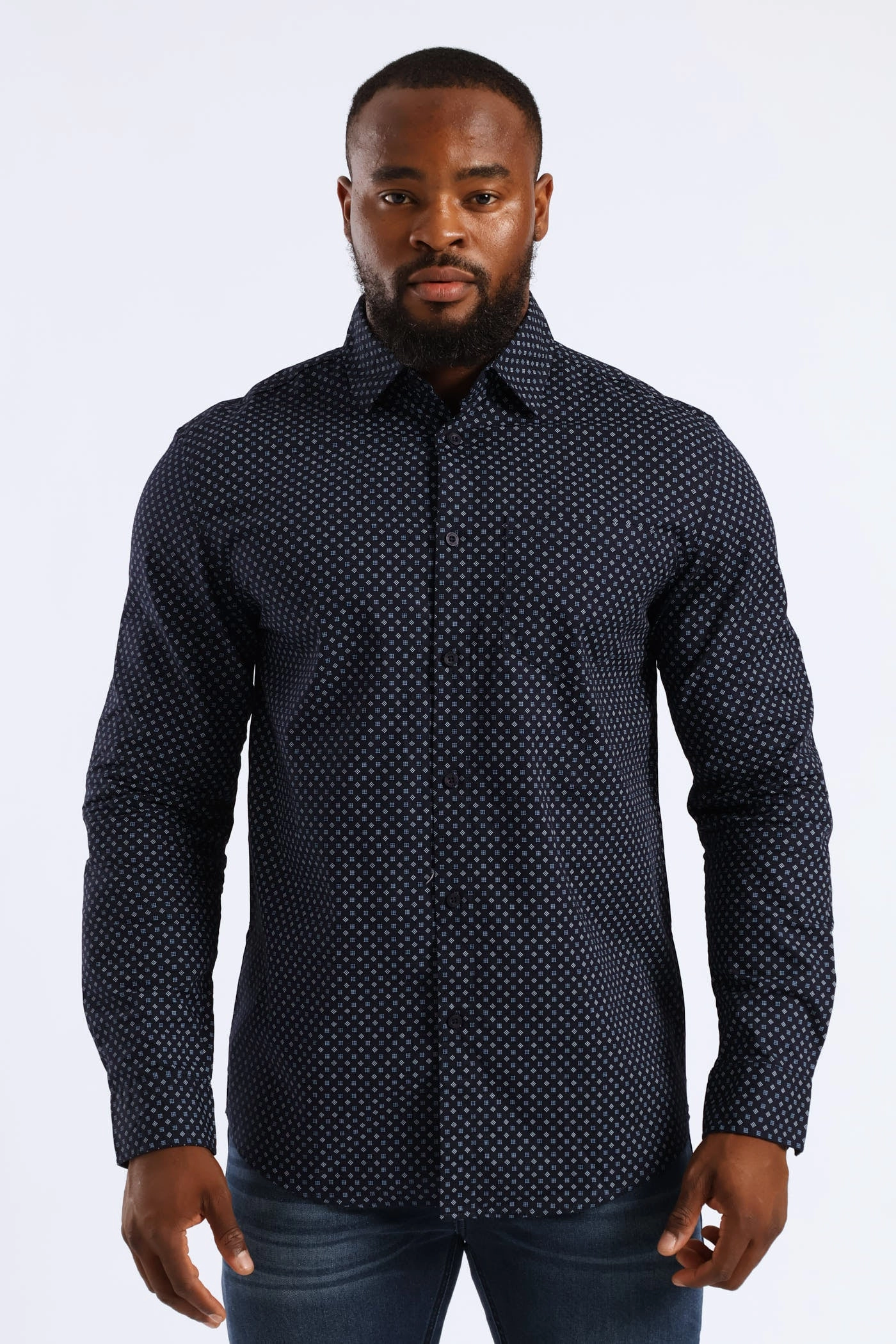 Long Sleeve Cube Print Button Down Shirt - Navy Athleisure Trend Classic Appeal