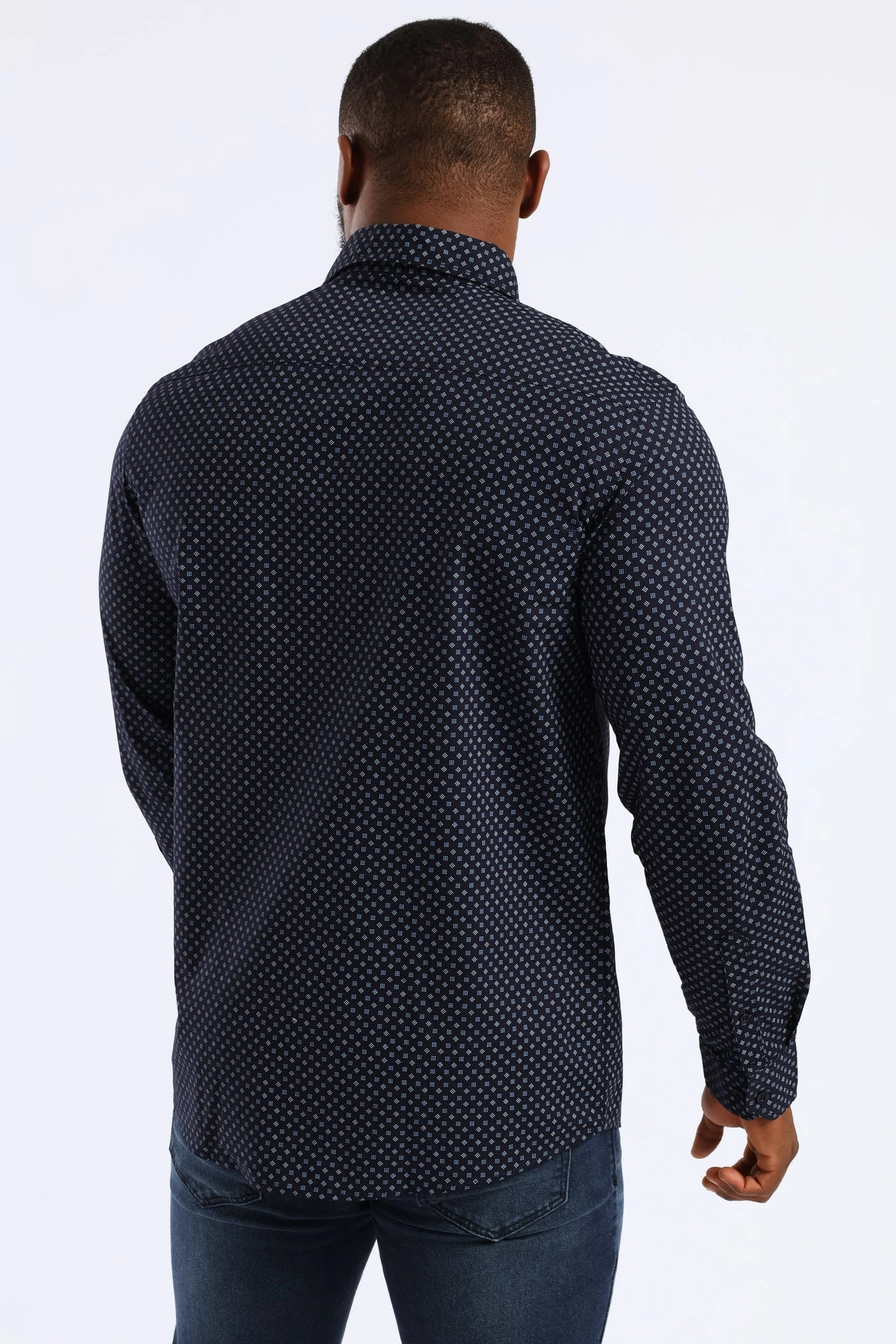 Street Fashion slim cut Long Sleeve Cube Print Button Down Shirt - Navy