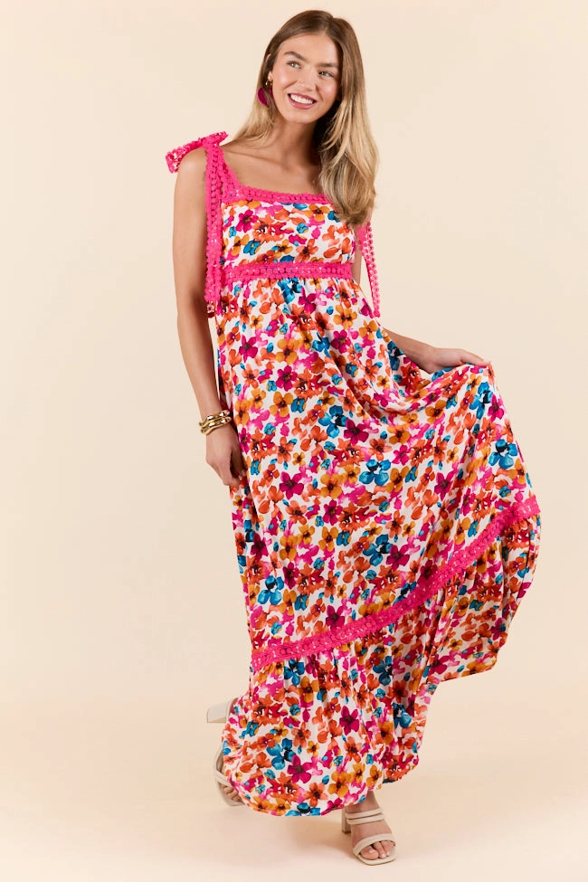 Chic Everyday Wear Vibrant color dress Come Along With Me Pink Trim Floral Maxi Dress FINAL SALE