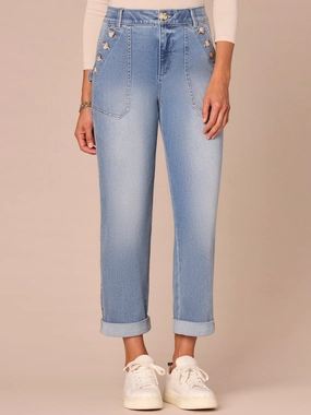 Sandblasted Finish Smart Casual Athlete Fit "Ab"solution High Rise Sailor Button Roll Cuff Straight Leg Jeans