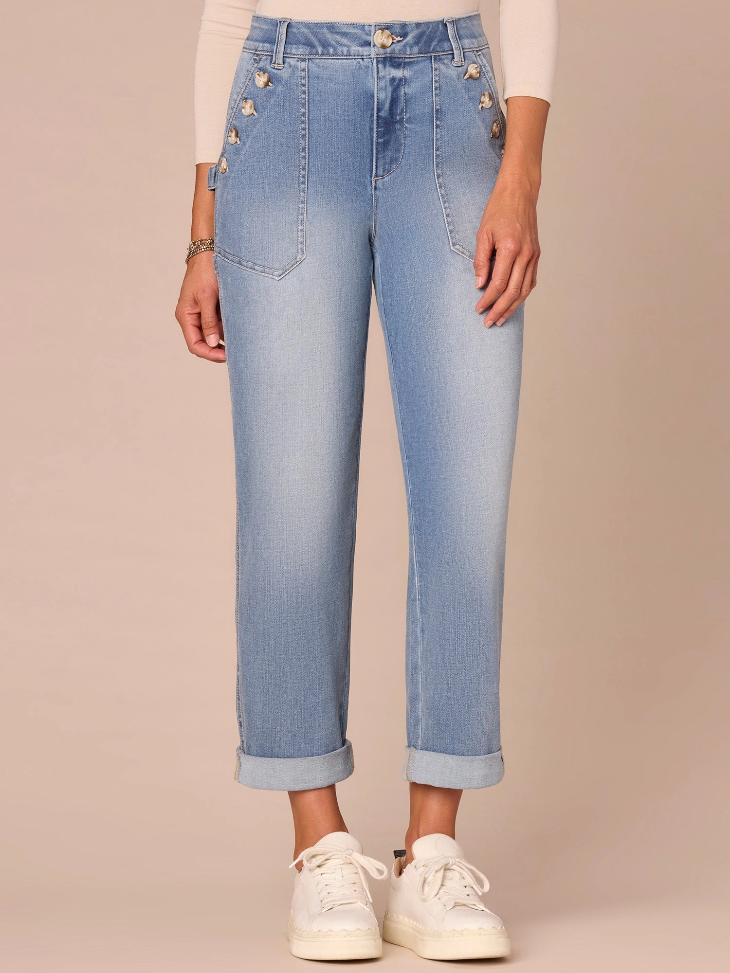 "Ab"solution High Rise Sailor Button Roll Cuff Straight Leg Jeans Slim Smooth fade resistant color