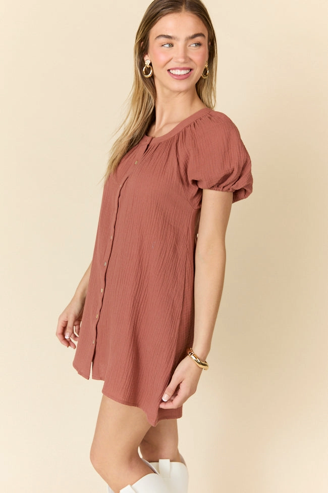 Work-Ready Look SustainableCotton Life Of The Party Brown Gauze Short Sleeve Mini Dress SALE