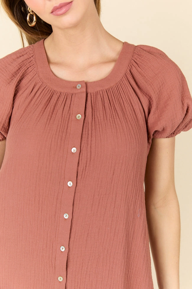 Evening Wear Soft Wear Life Of The Party Brown Gauze Short Sleeve Mini Dress SALE