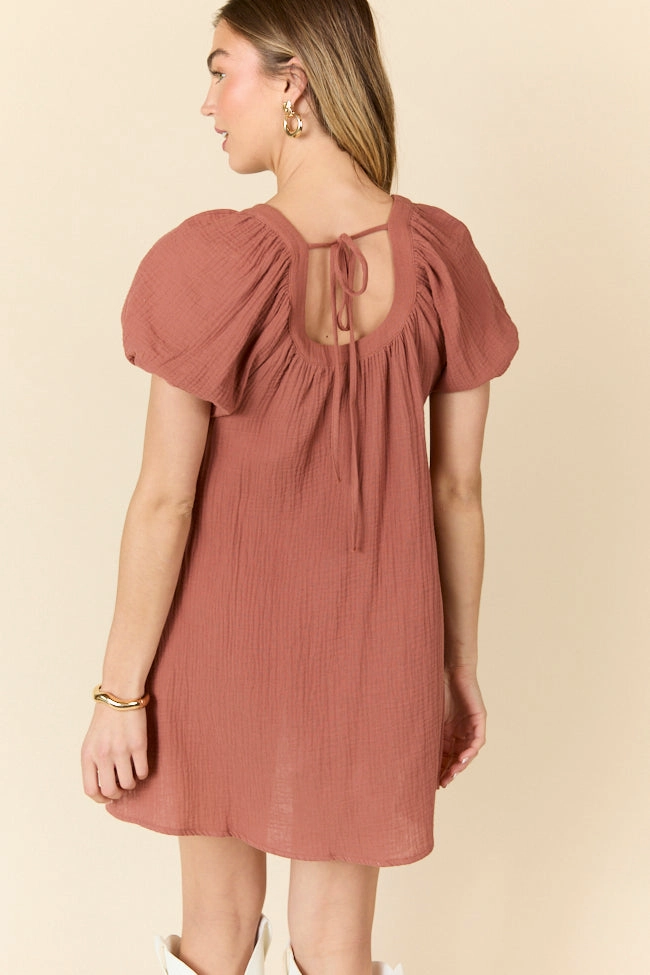 Feminine Style Life Of The Party Brown Gauze Short Sleeve Mini Dress SALE