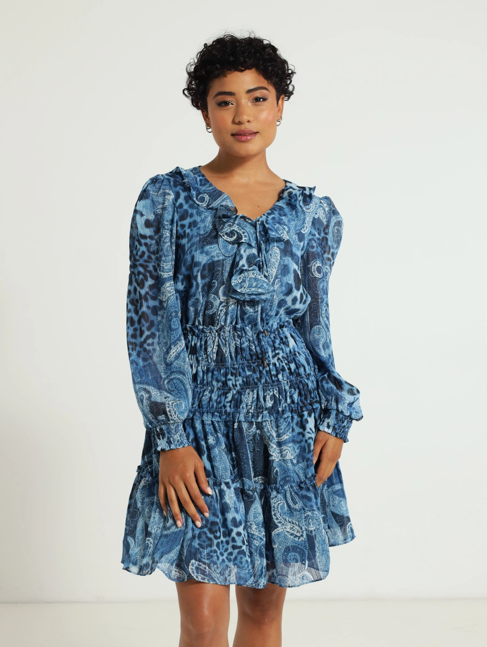 Long Sleeve Lace Up Flared Lucy Dress - Dark Blue Texture Mood
