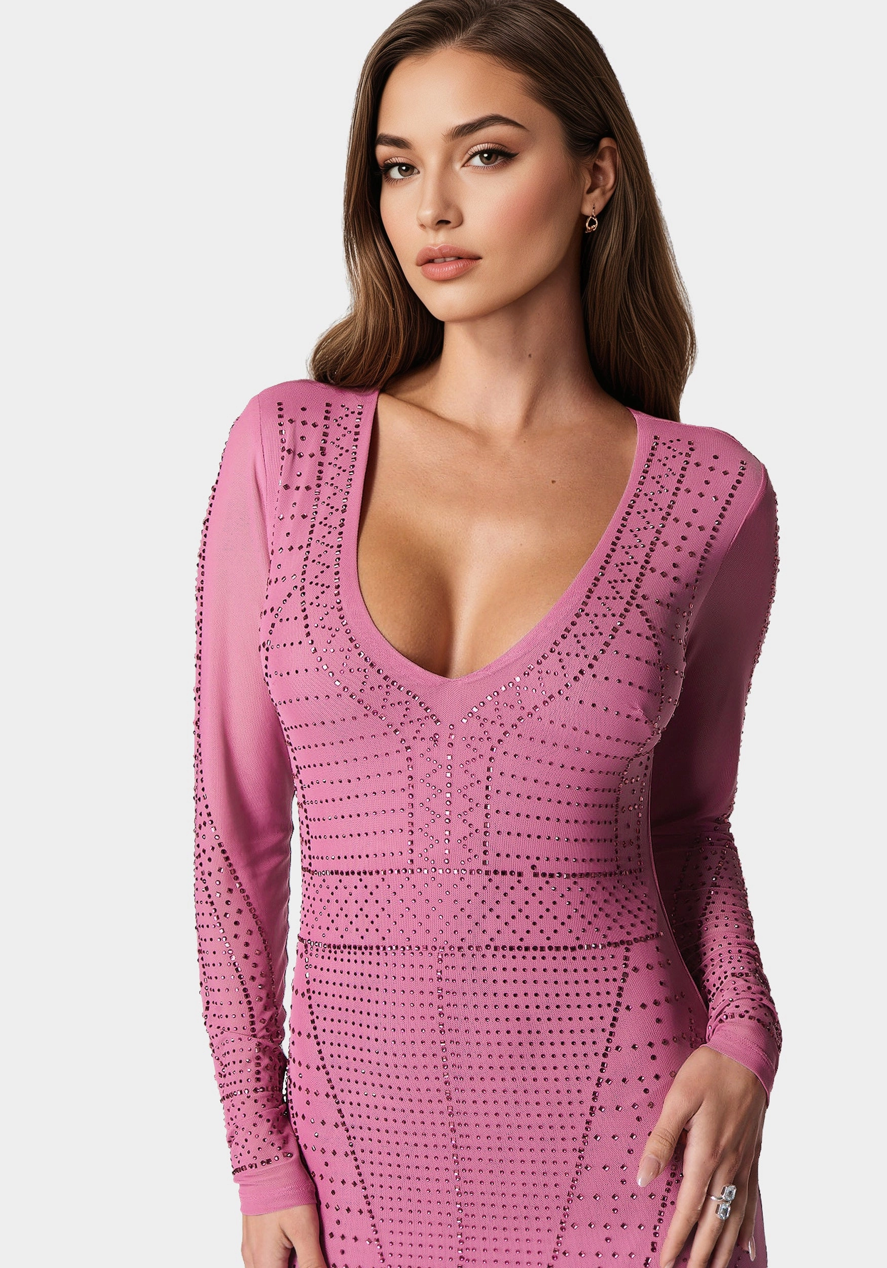 Crystal Mesh Midi Dress Boat-Neck