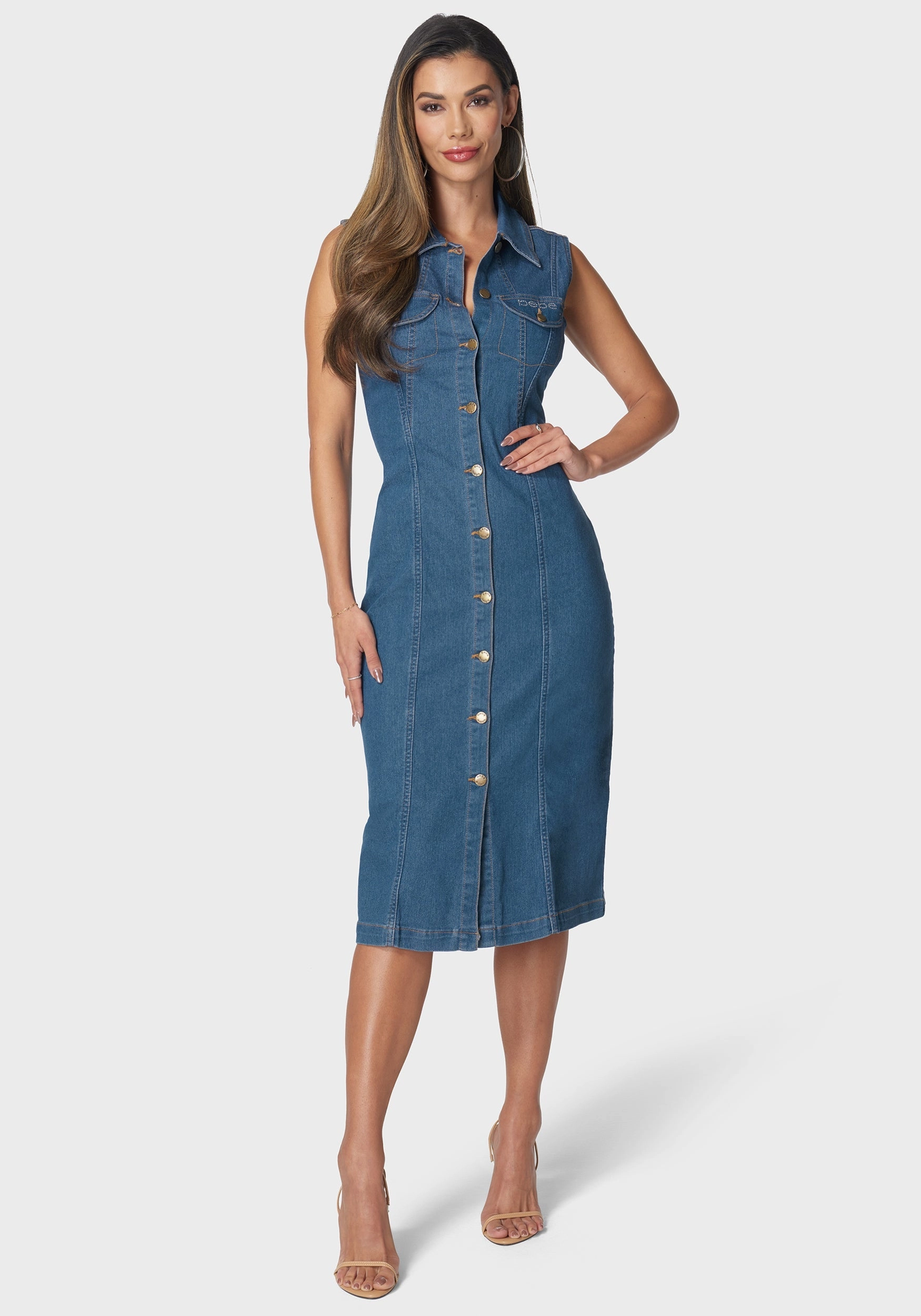 Sleeveless Front Button Denim Dress Trendy Look