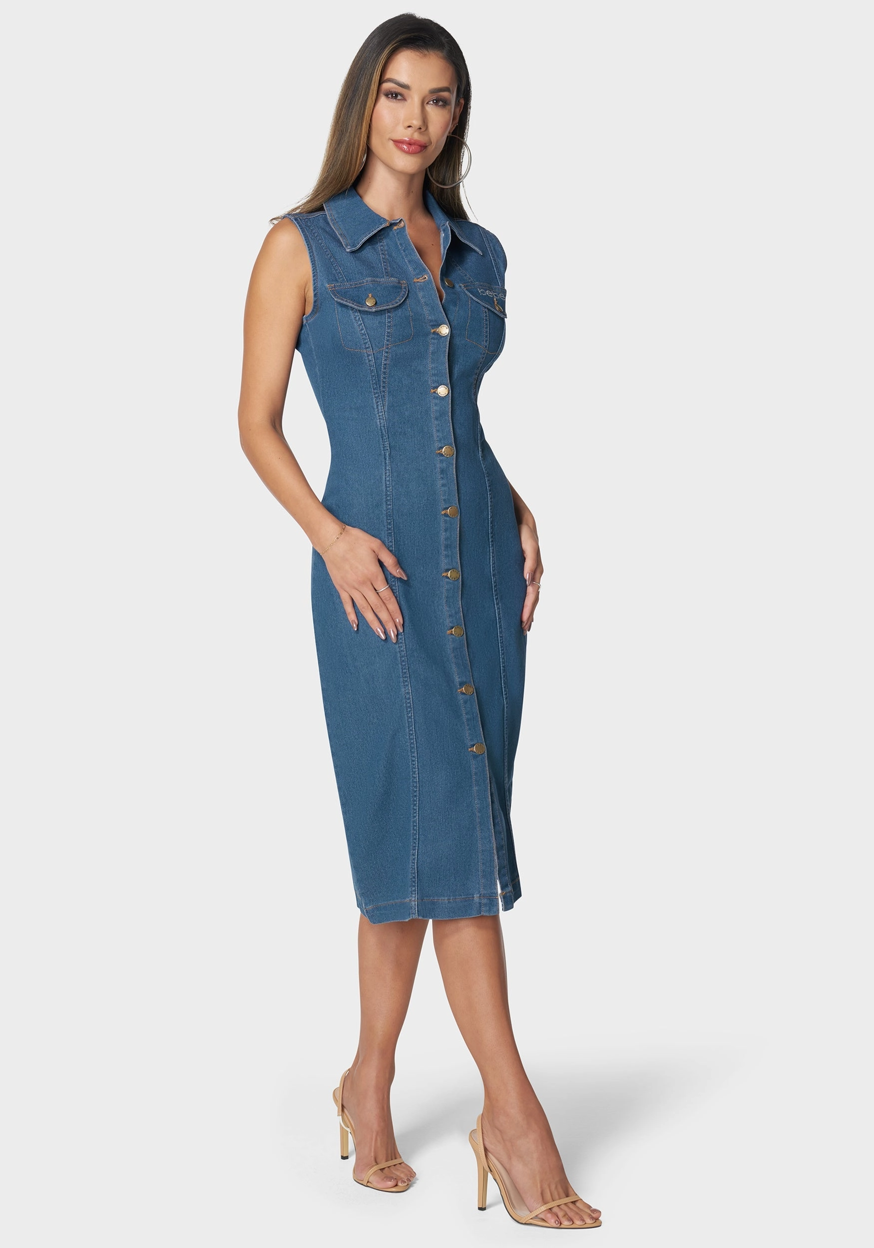 Sleeveless Front Button Denim Dress Calm Silhouette