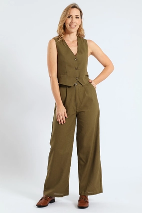 Sleeveless Linen Waistcoat - Burnt Olive WrinkleFree Structure