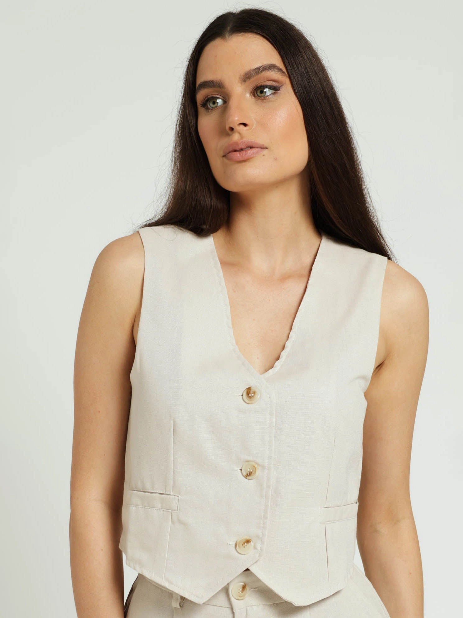 Sleeveless Linen Waistcoat - Oatmeal Melange Travel Must Stretchable Cuffs