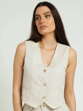 Sleeveless Linen Waistcoat - Oatmeal Melange Travel Must Stretchable Cuffs