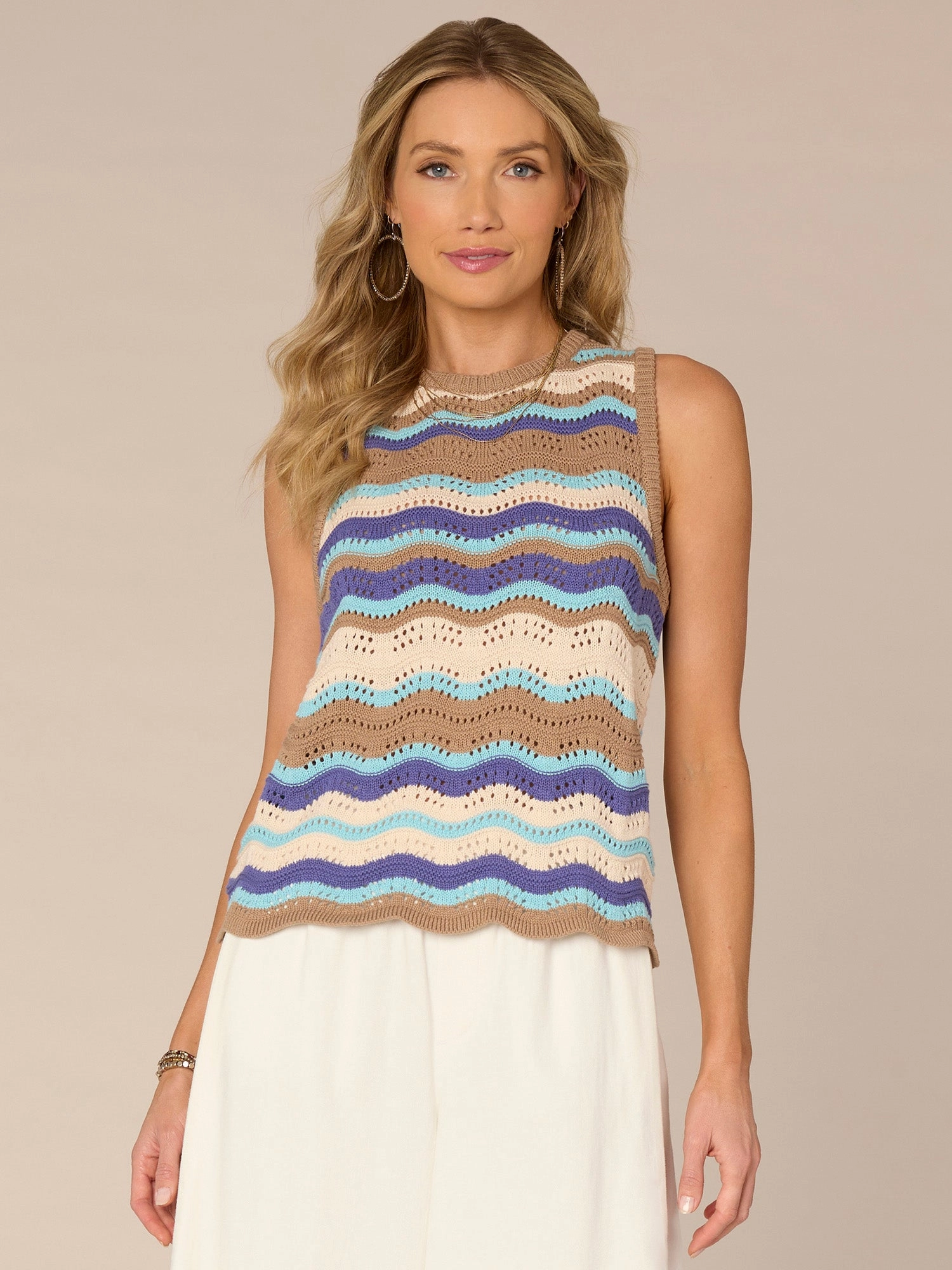 Sleeveless Round Neck Scallop Hem Wavy Stripe Stitch Sweater Tank Top Casual Fit
