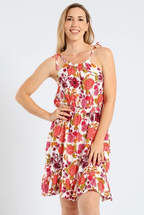 Sleeveless Strappy Shirred Waist Printed Mini Dress - White Natural Flow Matte Fabric