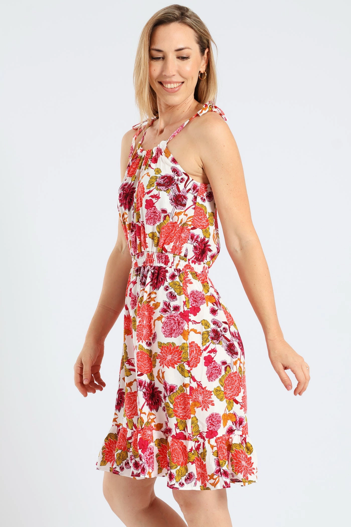 Versatile Layer Sleeveless Strappy Shirred Waist Printed Mini Dress - White