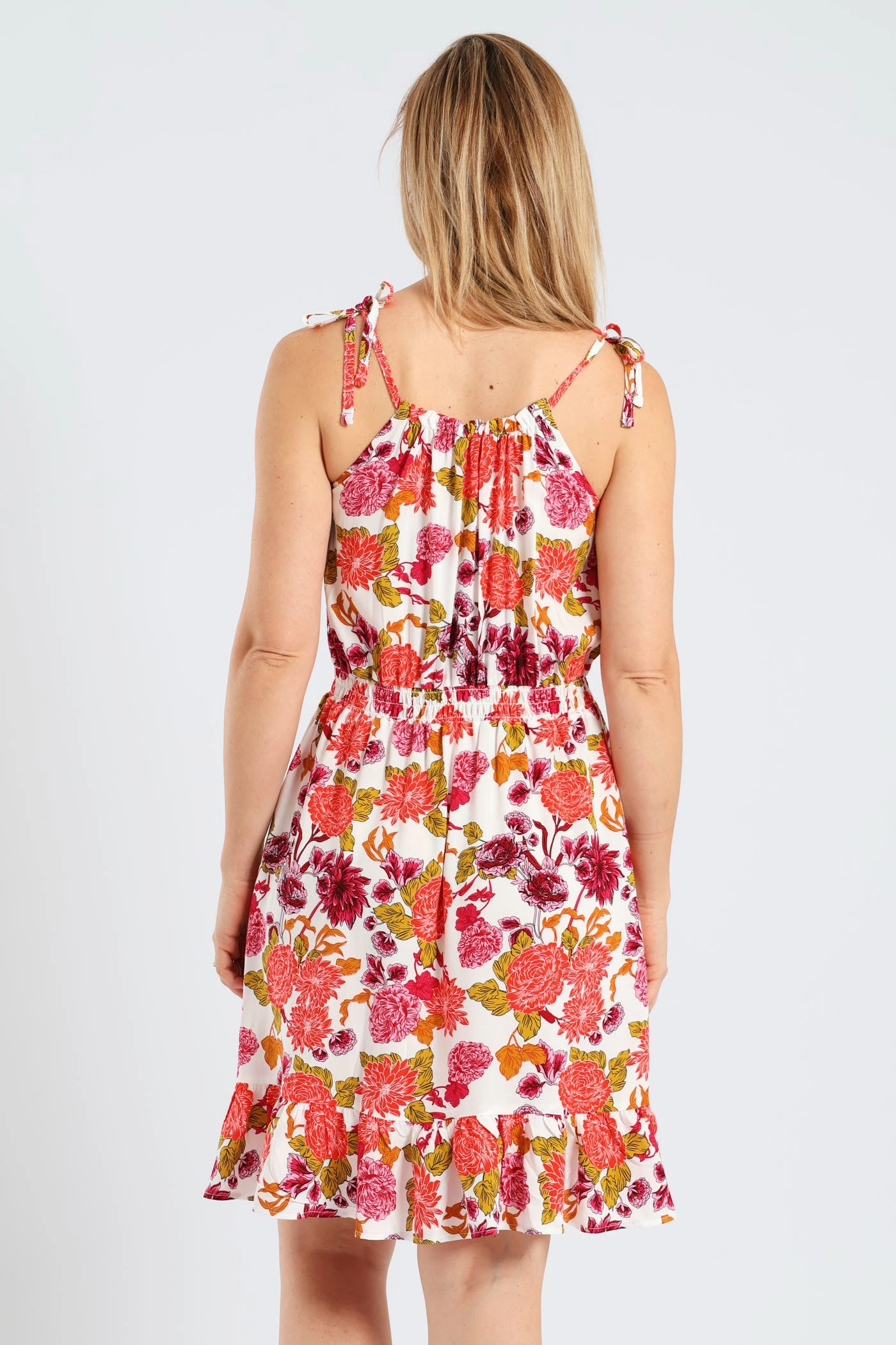 Travel Comfort Sleeveless Strappy Shirred Waist Printed Mini Dress - White