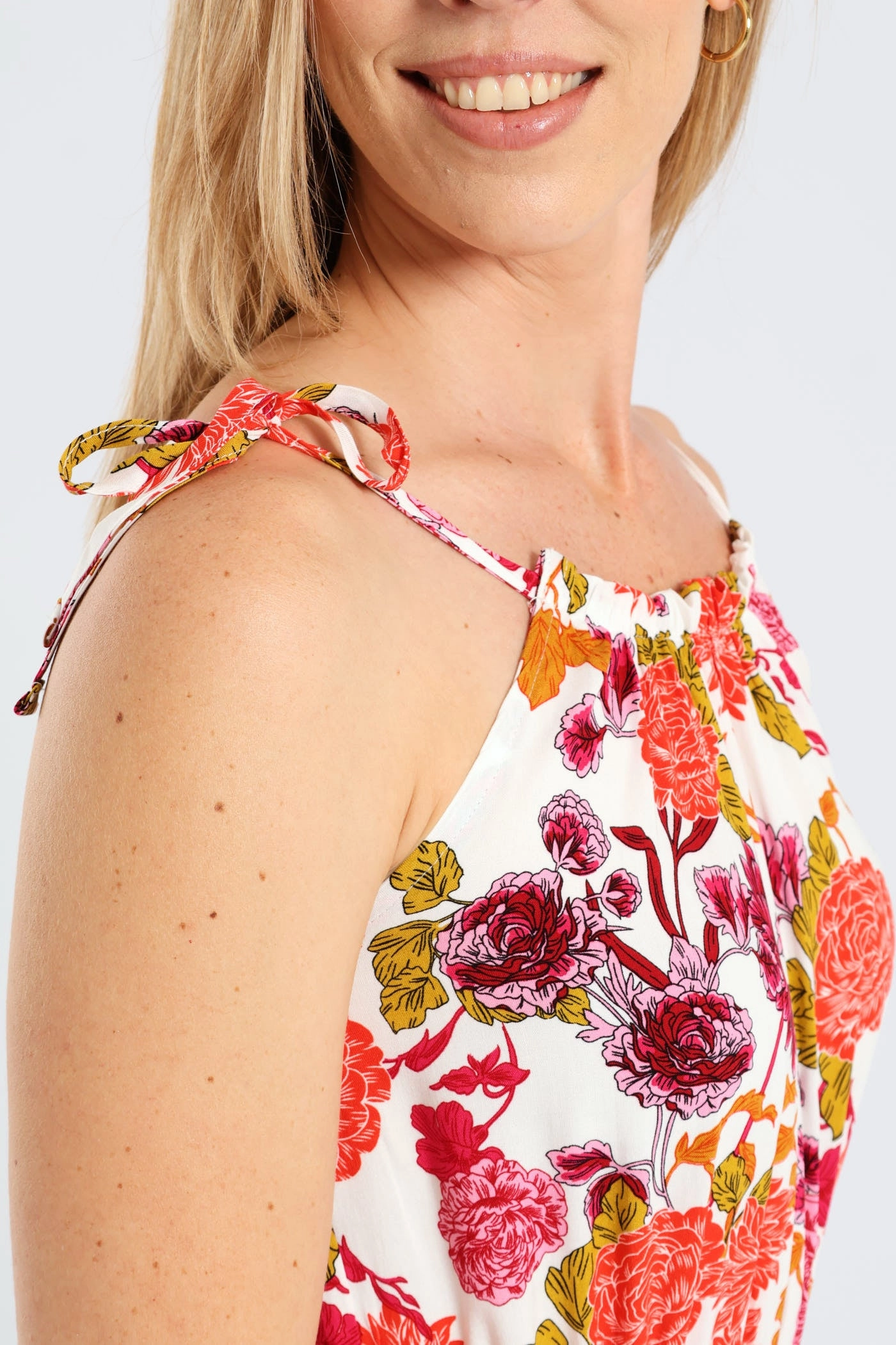 Sleeveless Strappy Shirred Waist Printed Mini Dress - White Stylish day dress Evening Vibe