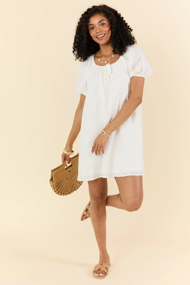 Ruched-Detail On A Whim White Knit Eyelet Short Sleeve Dress FINAL SALE