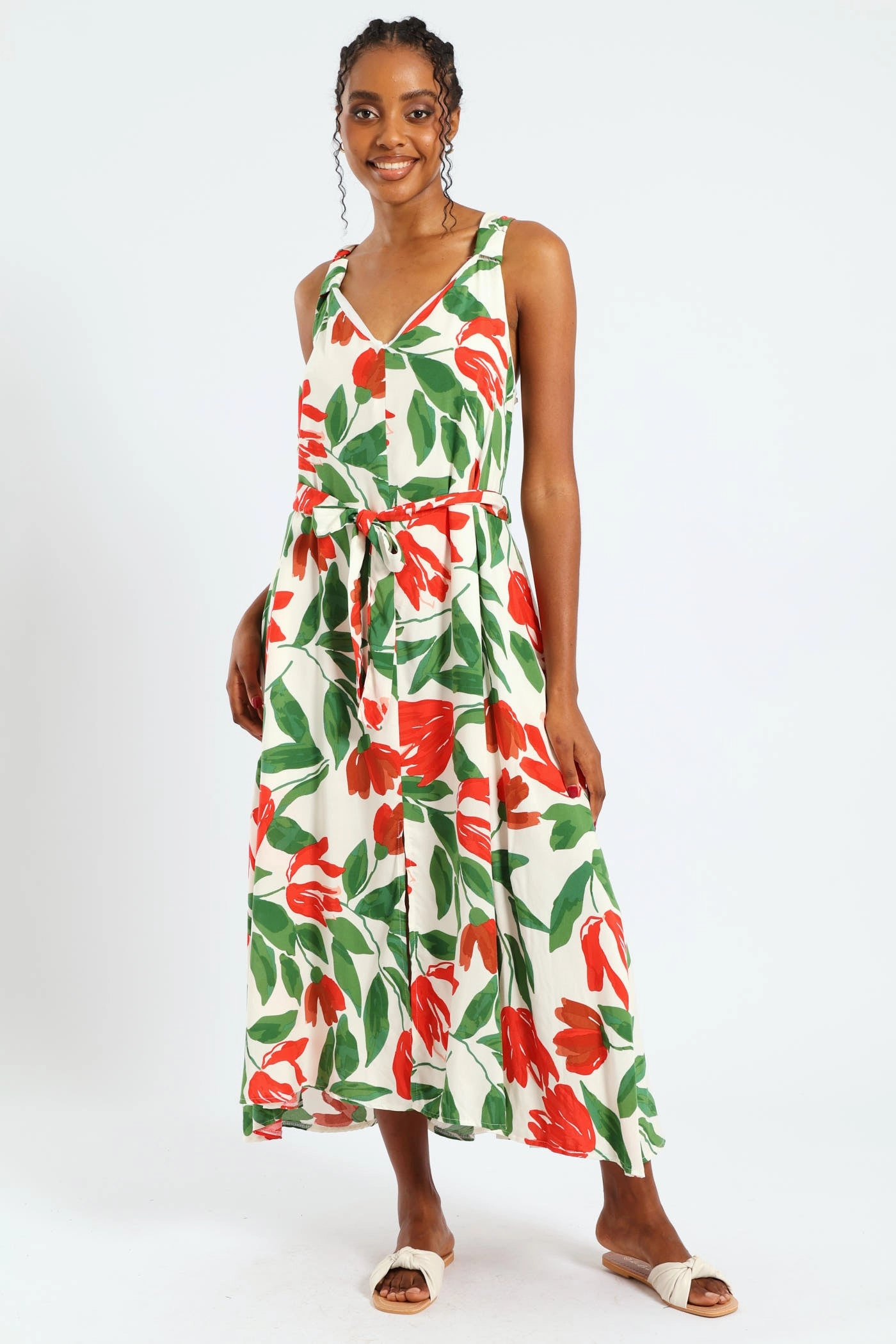 Sleeveless Wide Strap V-Neck Trapeze Midi Dress - Multi Flattering Shape Design