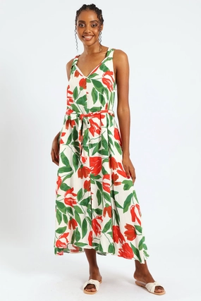 Trendy Appeal Sleeveless Wide Strap V-Neck Trapeze Midi Dress - Multi