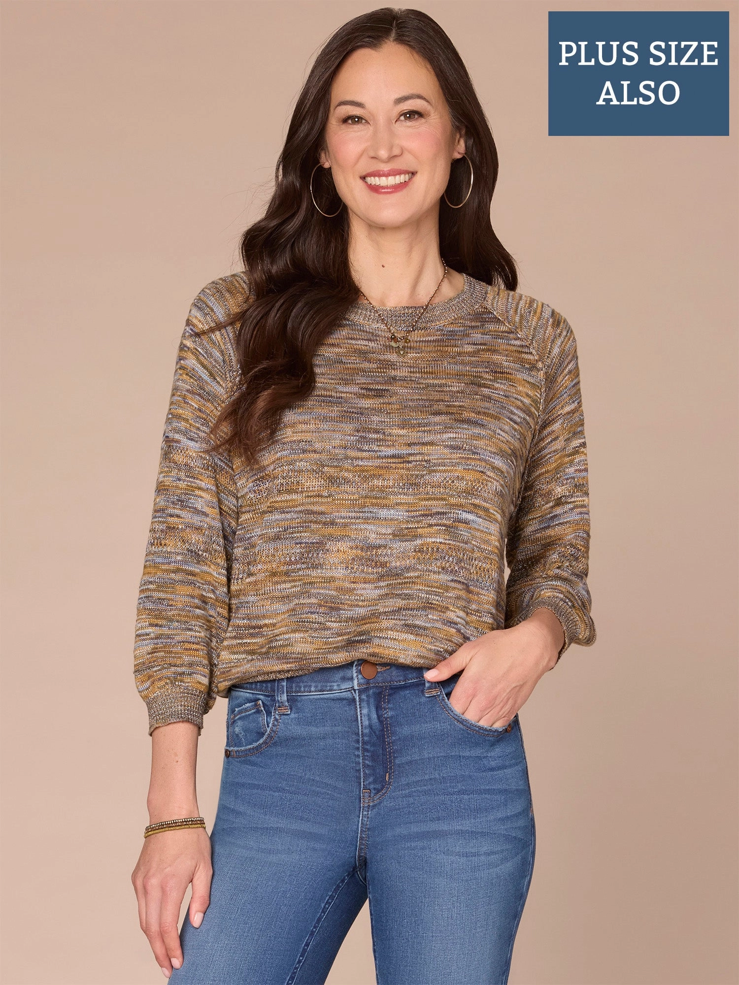 Minimalist Fit Three Quarter Sleeve Round Neck Metallic Space Dye Plus Size Sweater