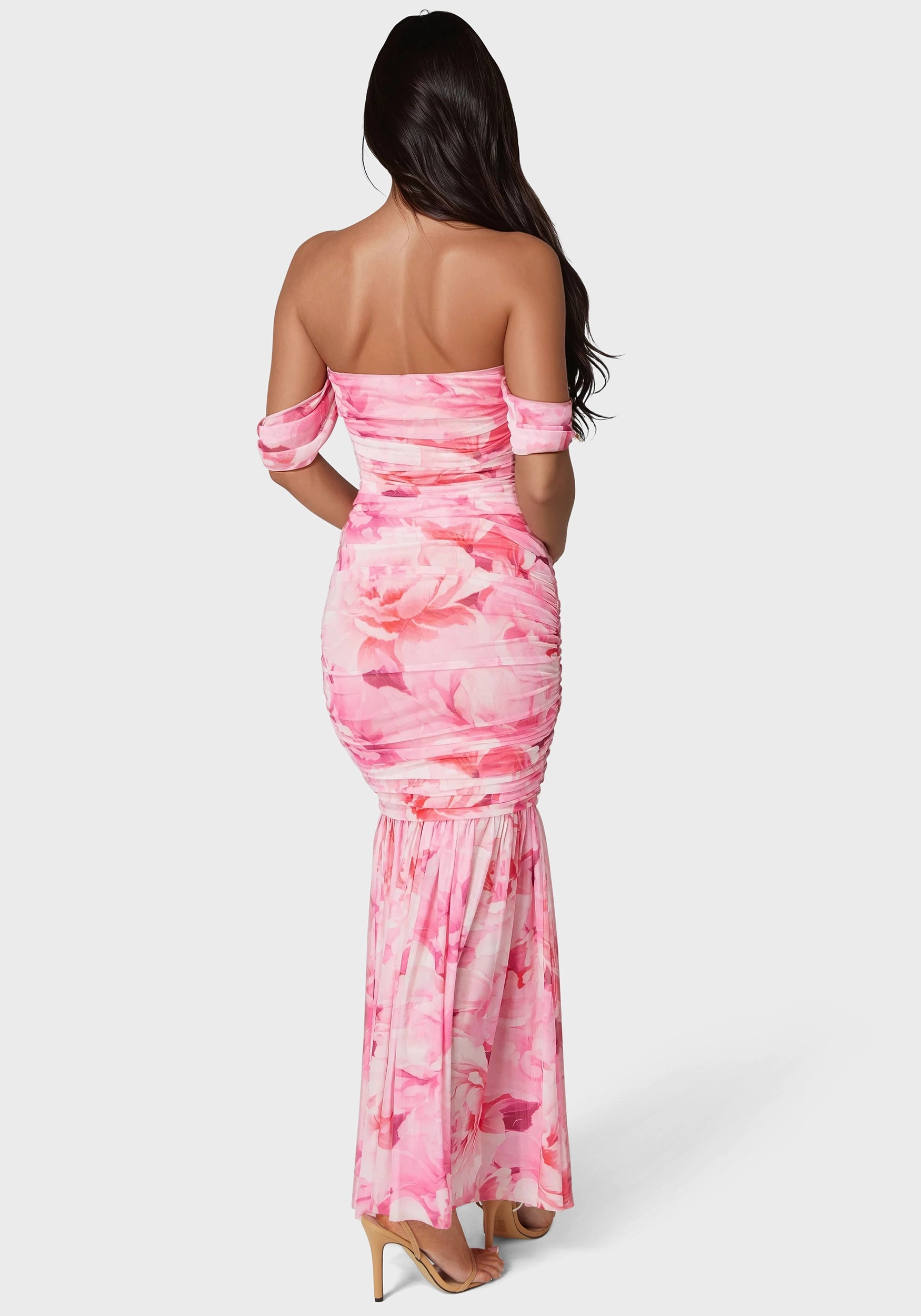 flowy style Light And Airy Off Shoulder Ruched Mesh Gown
