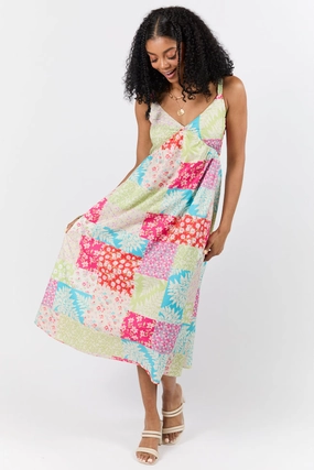 Pieces That Complete Me Multi Patchwork Babydoll Midi Dress FINAL SALE Petal Zone Beaded-Edge