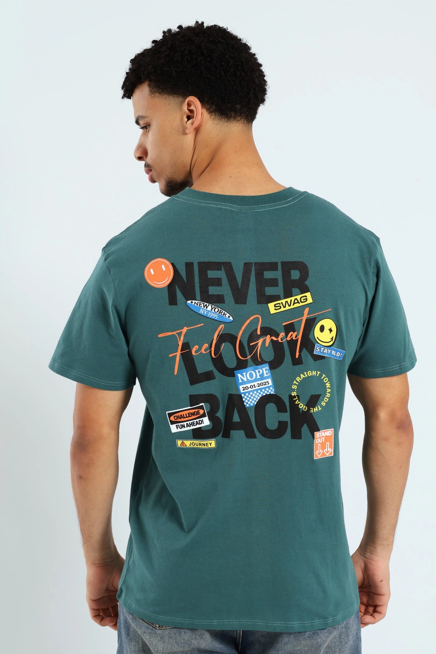 Slogan Front & Back Tee - Forest Green Relaxed Comfort Wear Wrinkle-Free