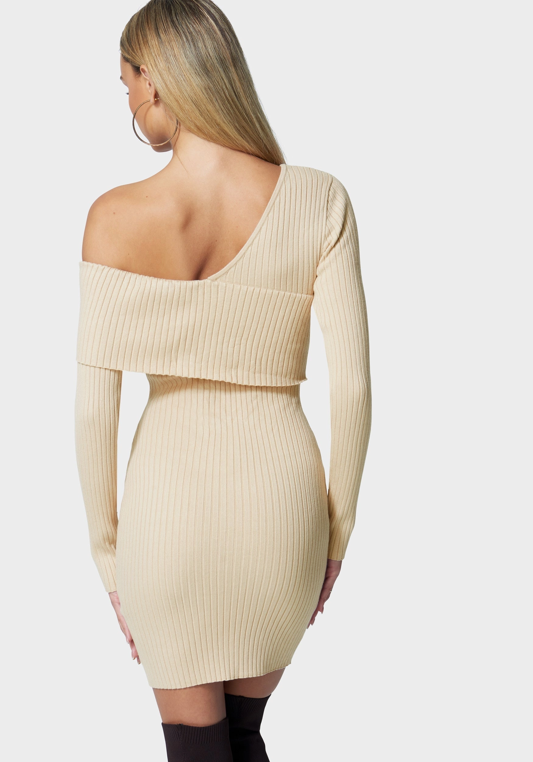 Asymmetrical Off Shoulder Sweater Dress Light Sheen Feel Good