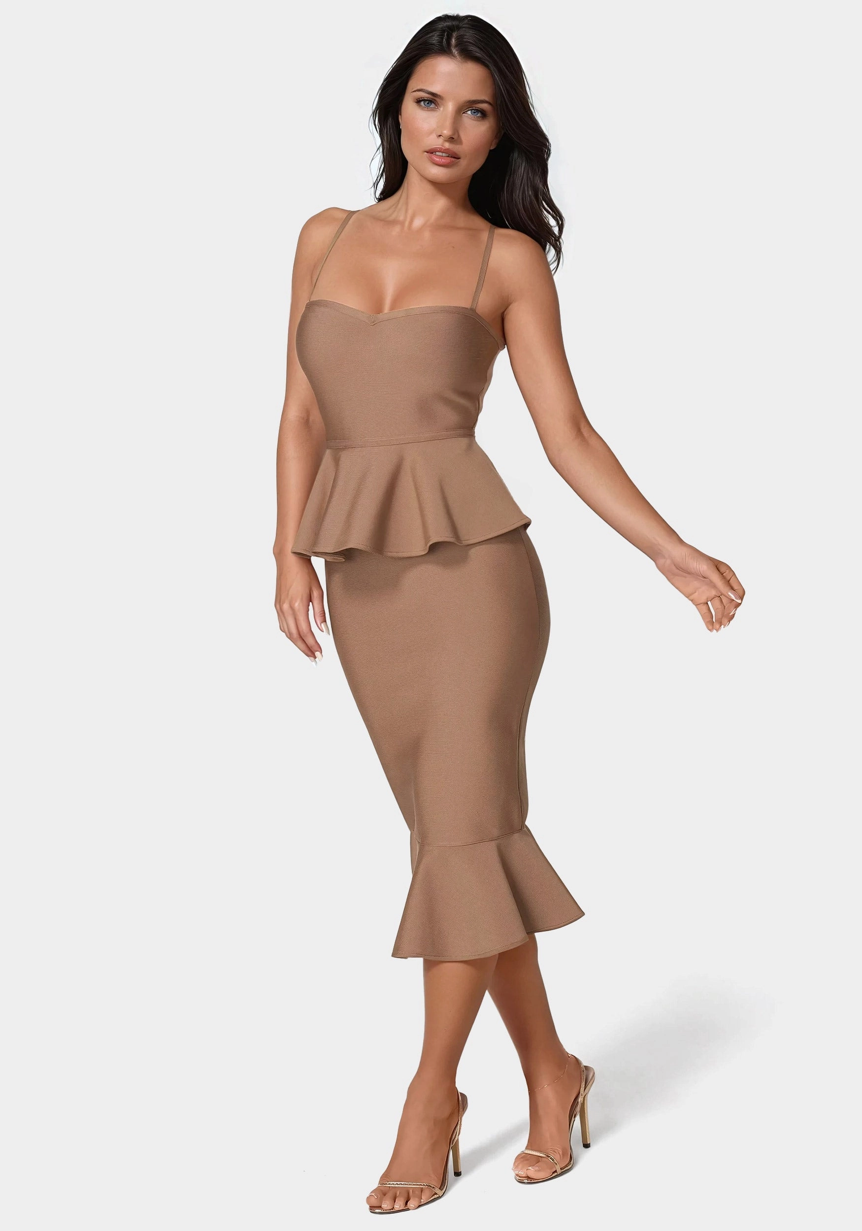Natural Tones Understated Charm Peplum Bandage Midi Dress