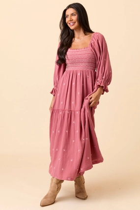 Dress To Impress Mauve Floral Stitched Smocked Top Dress Crisp Texture