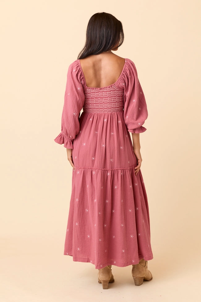 Dress To Impress Mauve Floral Stitched Smocked Top Dress Gloss Accent