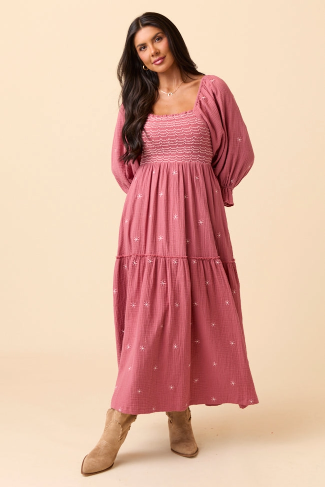 Garden-Party Dress To Impress Mauve Floral Stitched Smocked Top Dress