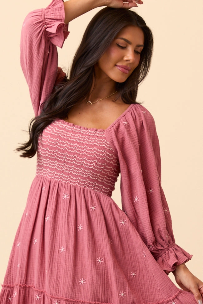 Subtle Look Light Sheen Dress To Impress Mauve Floral Stitched Smocked Top Dress