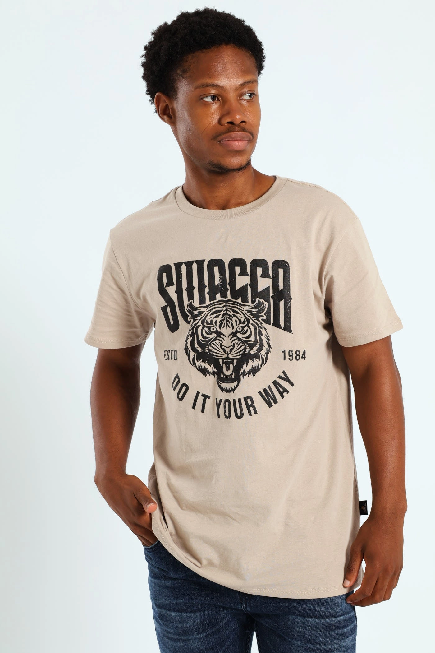 Wide Neck Opening Basic Print T-Shirt - Stone