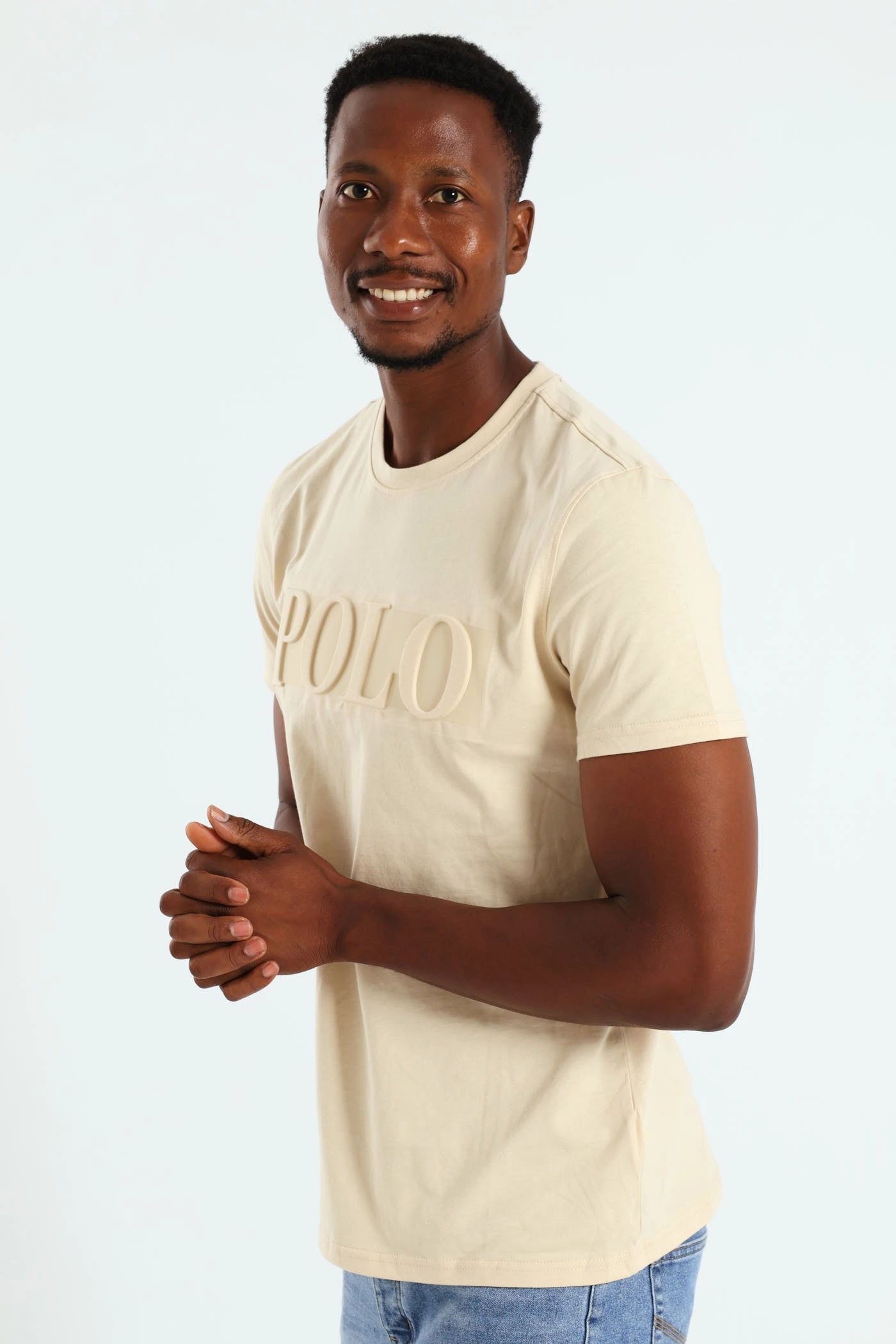 All-day style V neck style David Embossed Tee - Stone