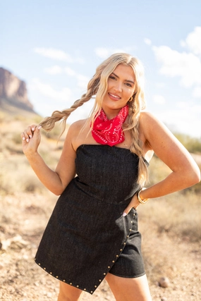 Trendy summer outfit luxe feel Pretty Heart Black Denim Strapless Romper SALE