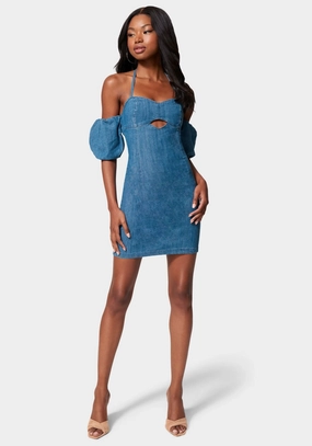 Off Shoulder Bubble Sleeve Denim Dress Beauty Zone