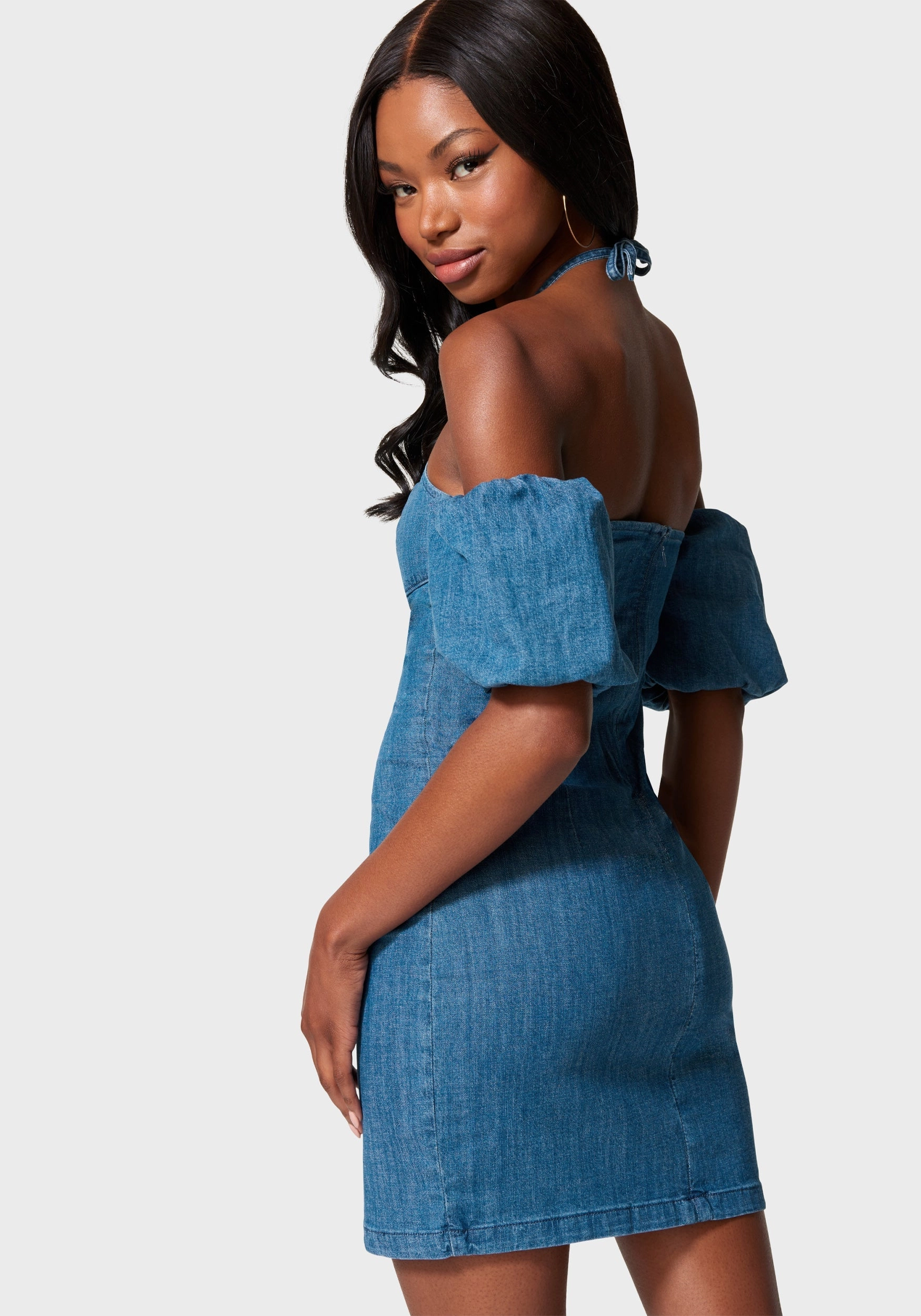 Off Shoulder Bubble Sleeve Denim Dress Fresh Stitch Floral Pattern