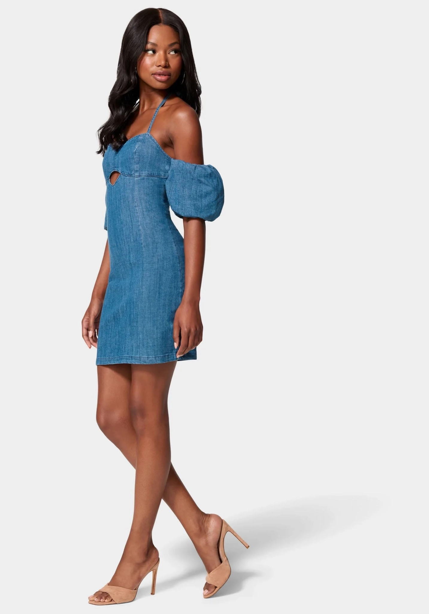 Figure-Skimming Social Ease Off Shoulder Bubble Sleeve Denim Dress
