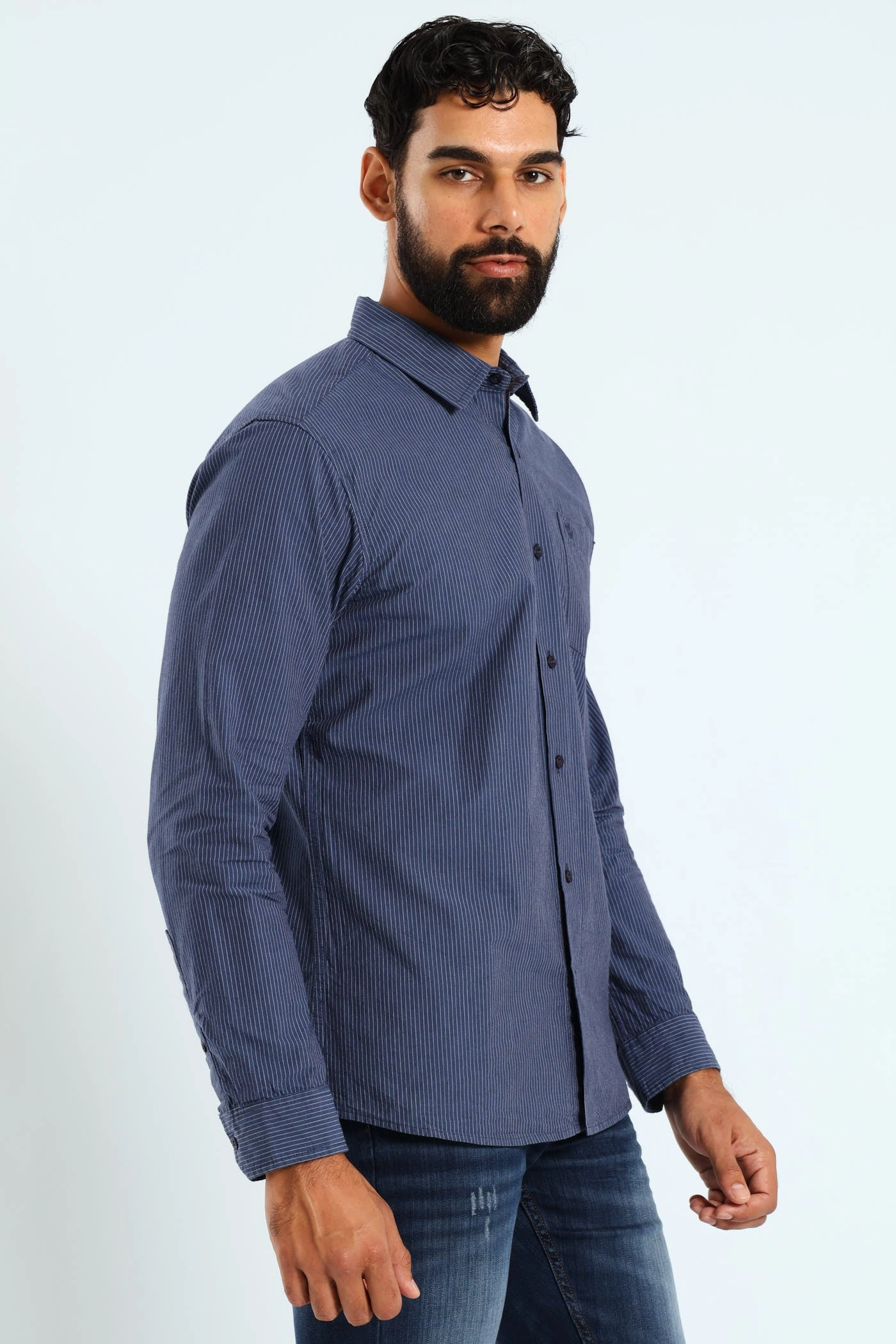 Soft Denim Stripe Shirt - Blue Breathable Layer Stylish Fit